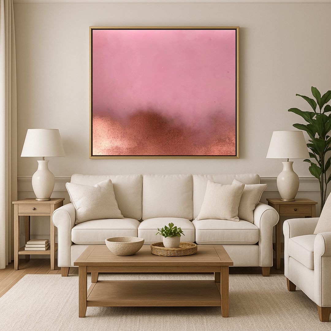 A framed abstract painting with a gradient of soft pink blending into rose gold, set in a simple wooden frame.
