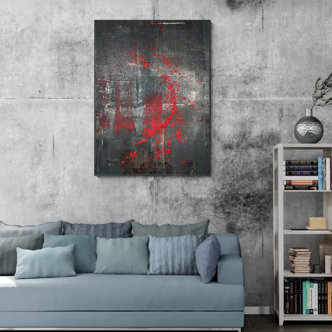 Abstract canvas painting with bold red splatters against a dark gray, textured background.