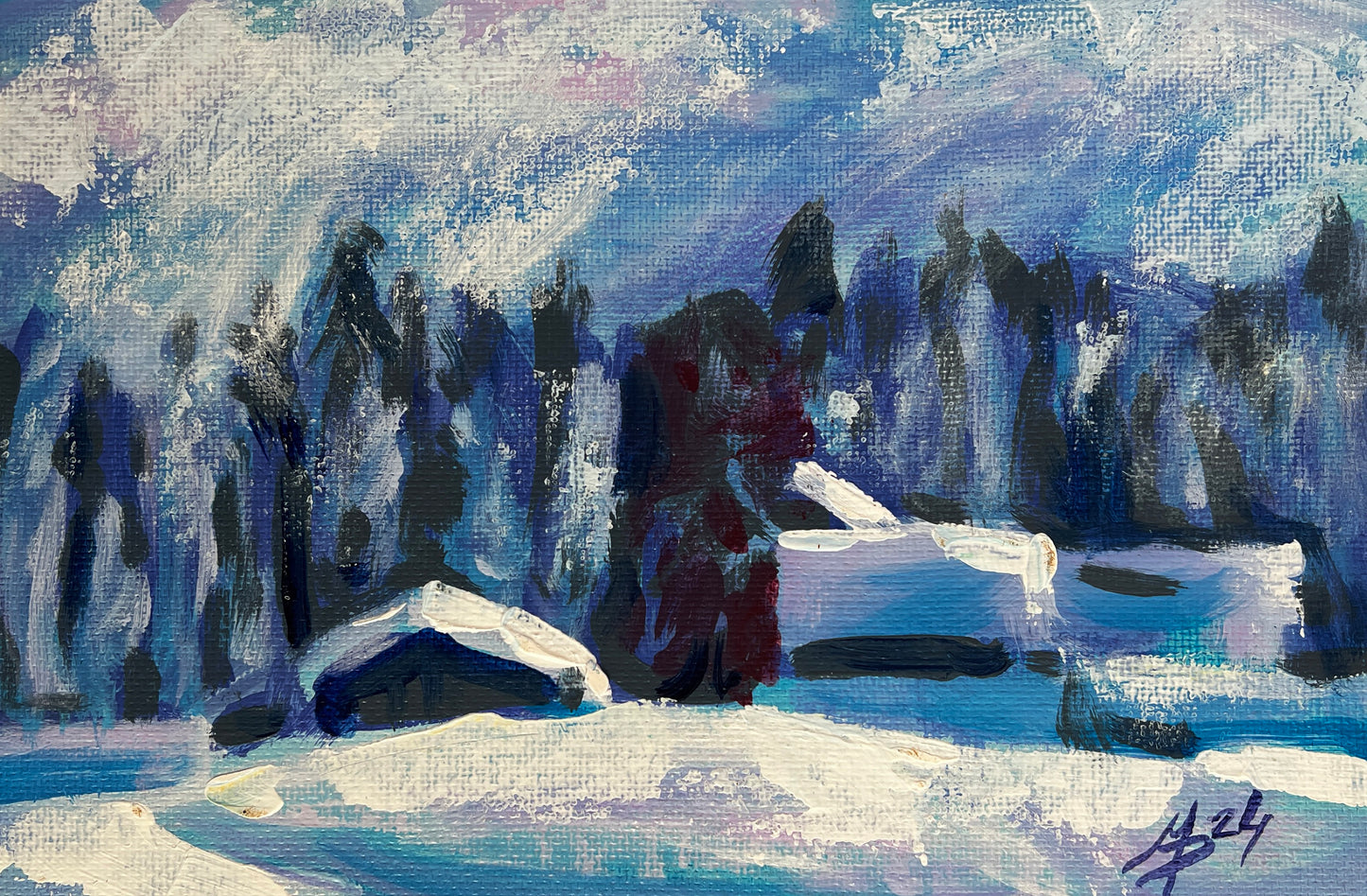 Textured snowy forest painting by Mykhailo Patskan, wholesale original $95