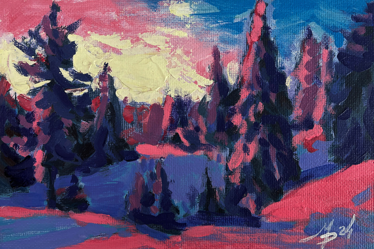 Vibrant Mykhailo Patskan abstract forest painting in pink, blue, yellow