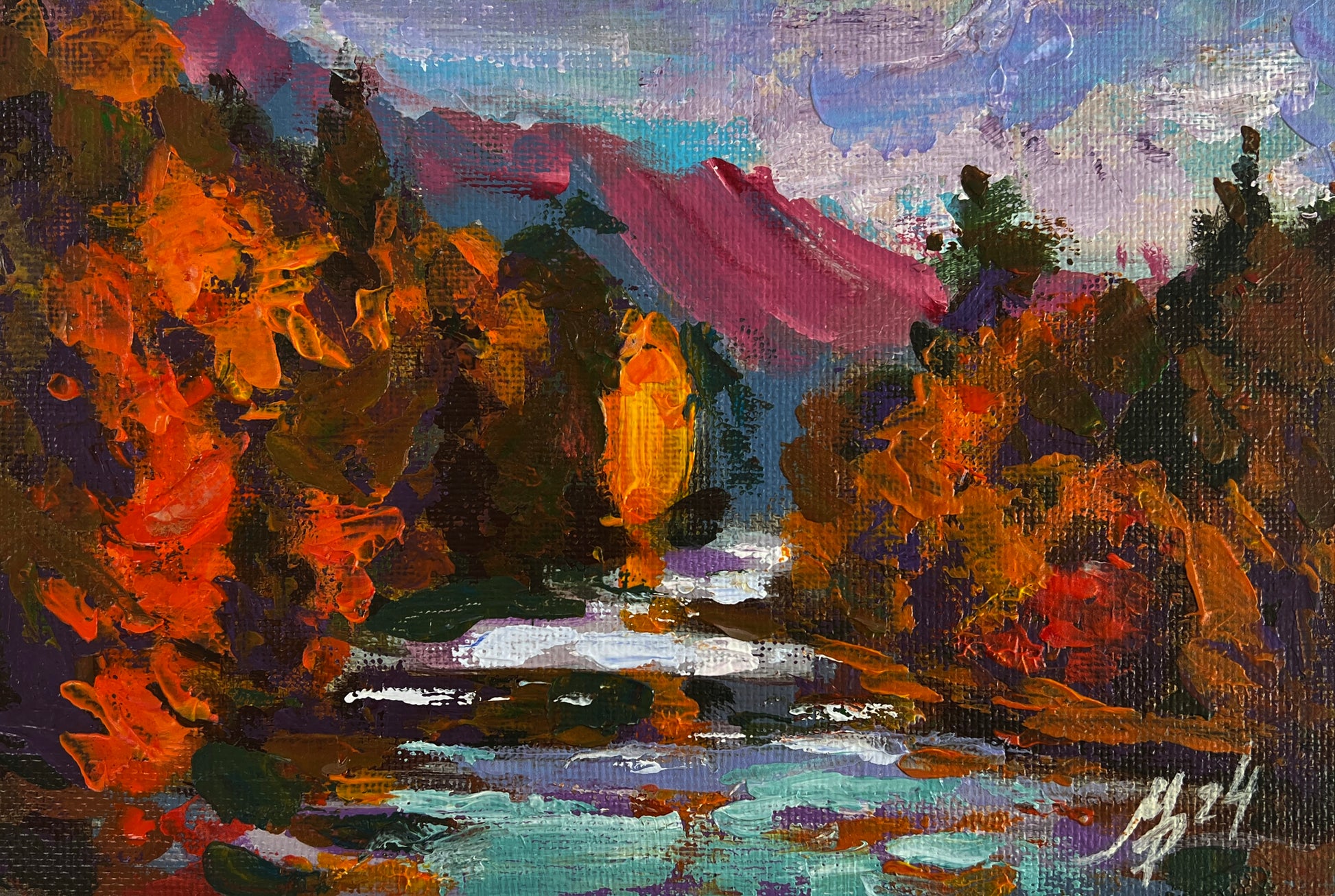Vibrant Mykhailo Patskan impressionist landscape with orange foliage, turquoise stream, purple mountains