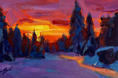 Vibrant impressionist snowy forest sunset by Mykhailo Patskan fine art