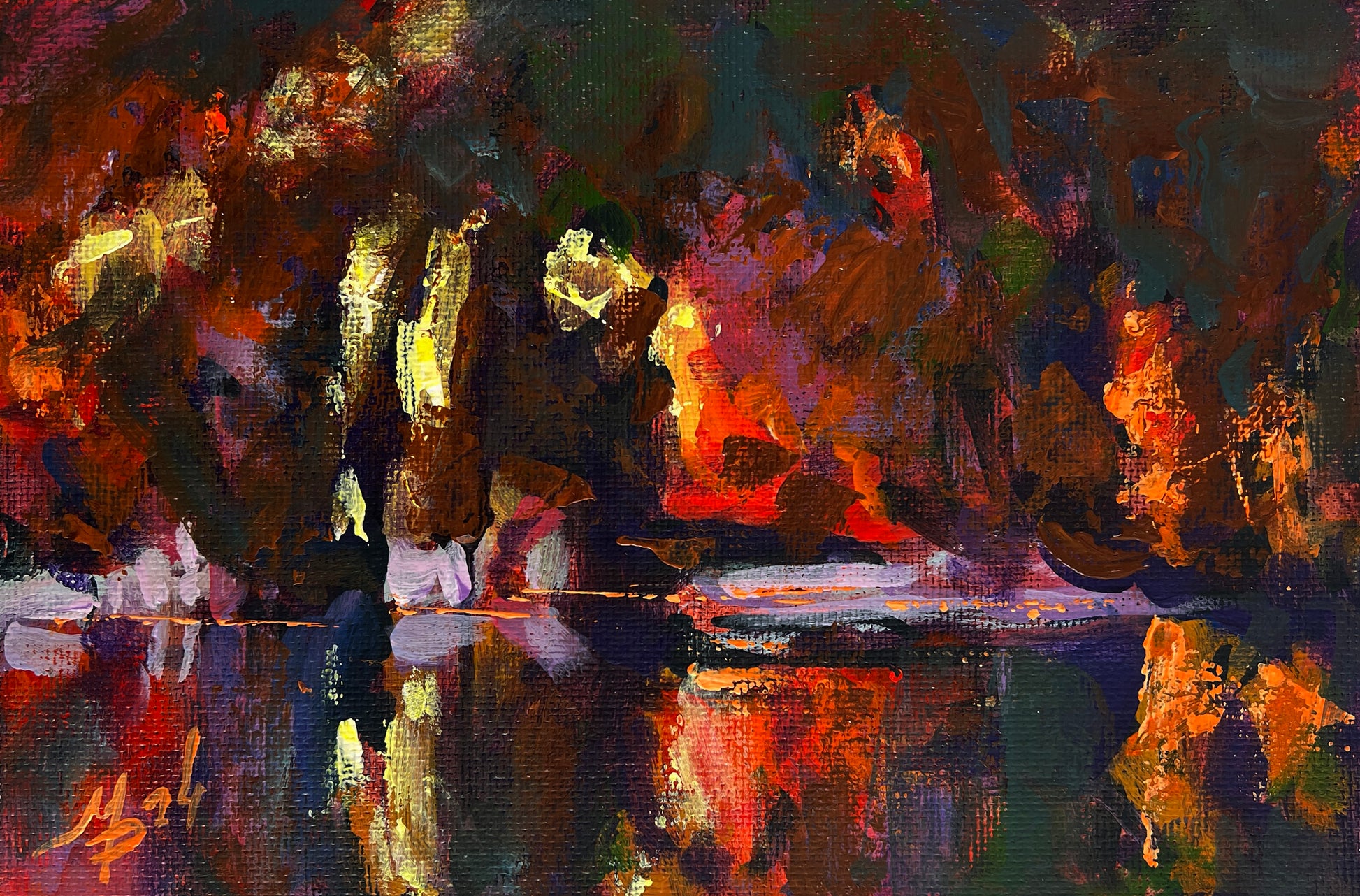 Vibrant abstract oil painting by Mykhailo Patskan, orange red yellow on purple black