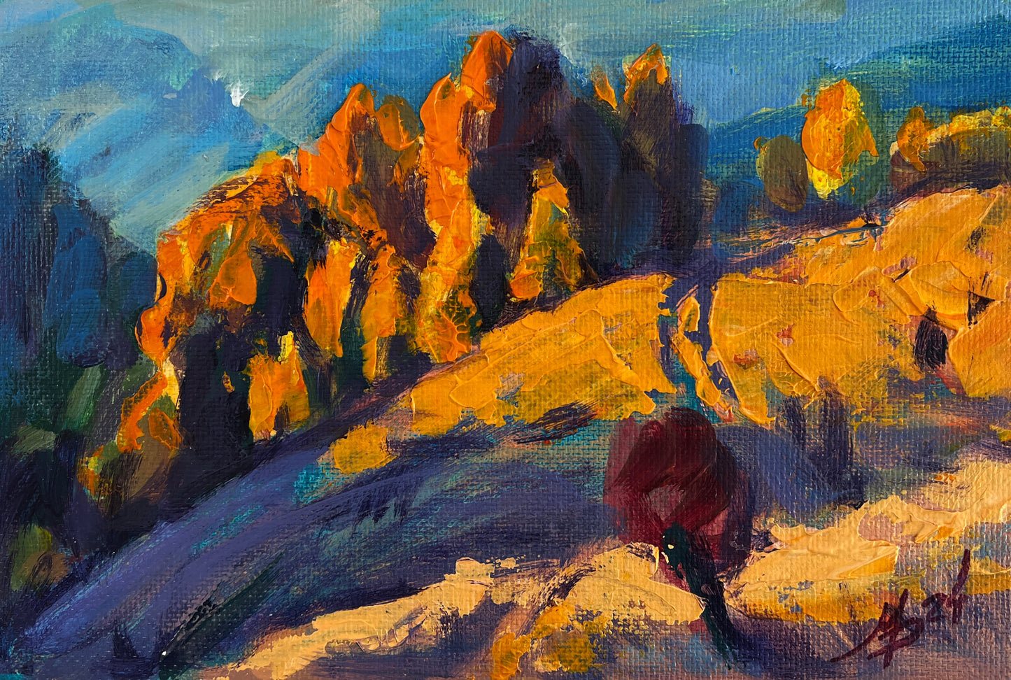 Vibrant orange yellow rock formations oil painting by Mykhailo Patskan