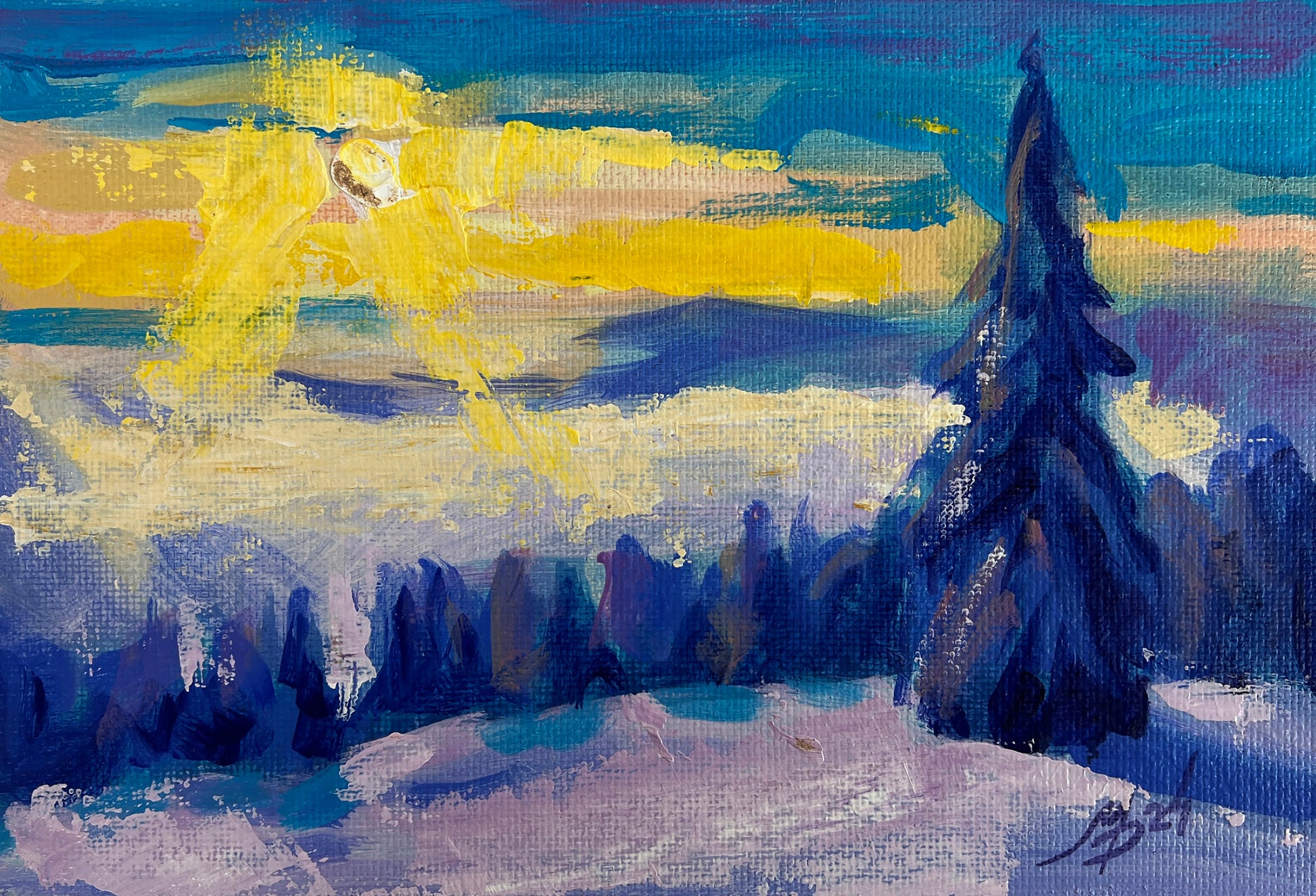 Vibrant Mykhailo Patskan abstract landscape with yellow, blue, purple strokes, snowy foreground, evergreens. Wholesale original