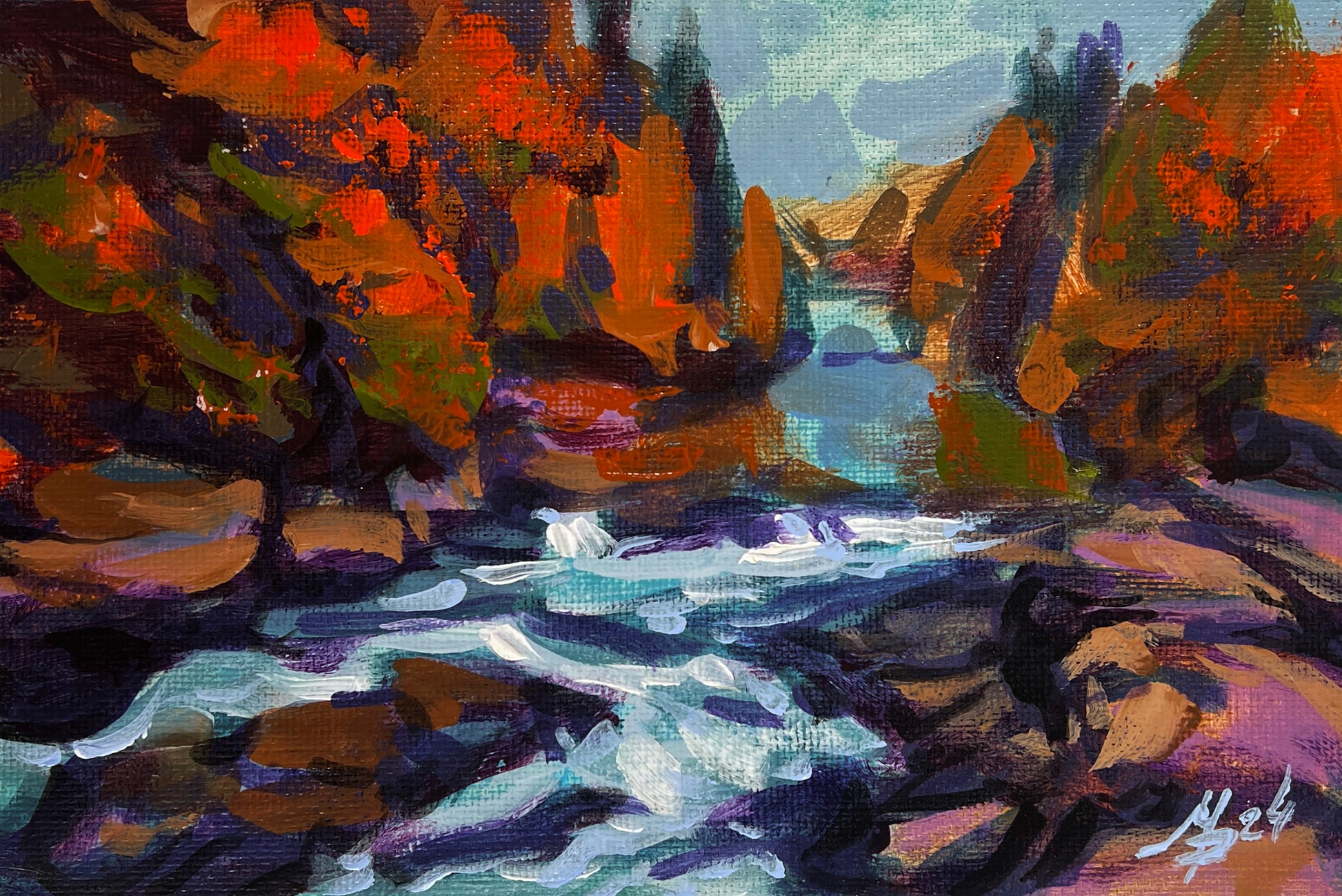 Vibrant autumn landscape by Mykhailo Patskan, orange foliage and blue river, wholesale original