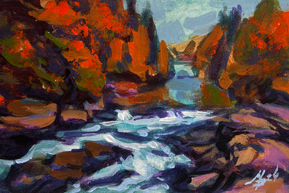Vibrant autumn landscape by Mykhailo Patskan, orange foliage and blue river, wholesale original
