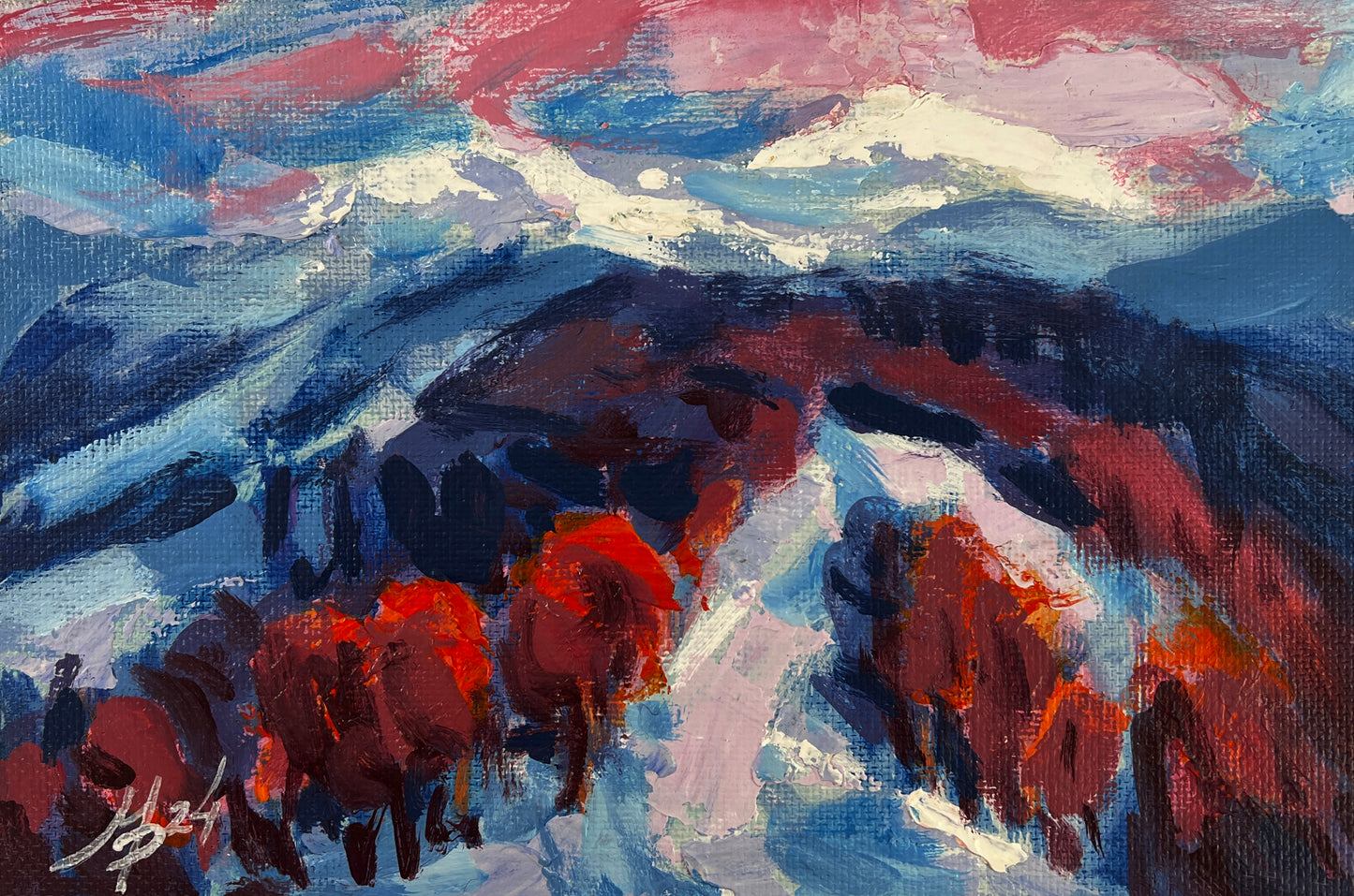 Abstract expressionist snow-capped mountains and autumn trees by Mykhailo Patskan