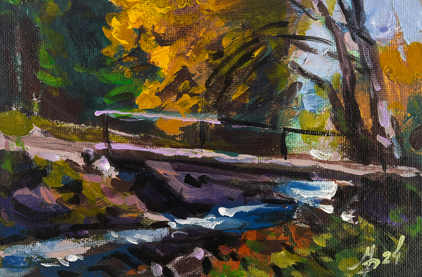 Vibrant impressionist forest stream painting by Mykhailo Patskan, autumnal colors