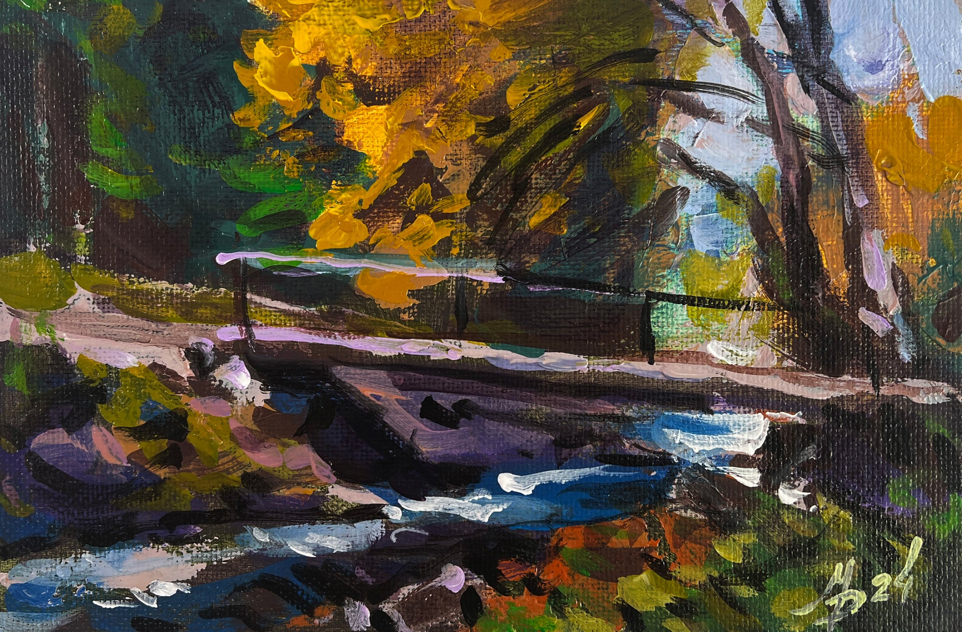Vibrant impressionist forest stream painting by Mykhailo Patskan, autumnal colors