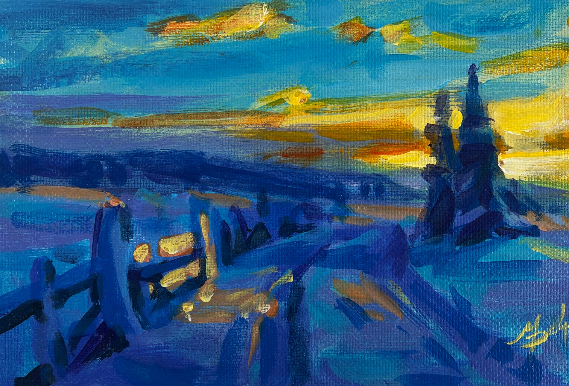Vibrant blue and yellow abstract landscape by Mykhailo Patskan, wholesale $95 each