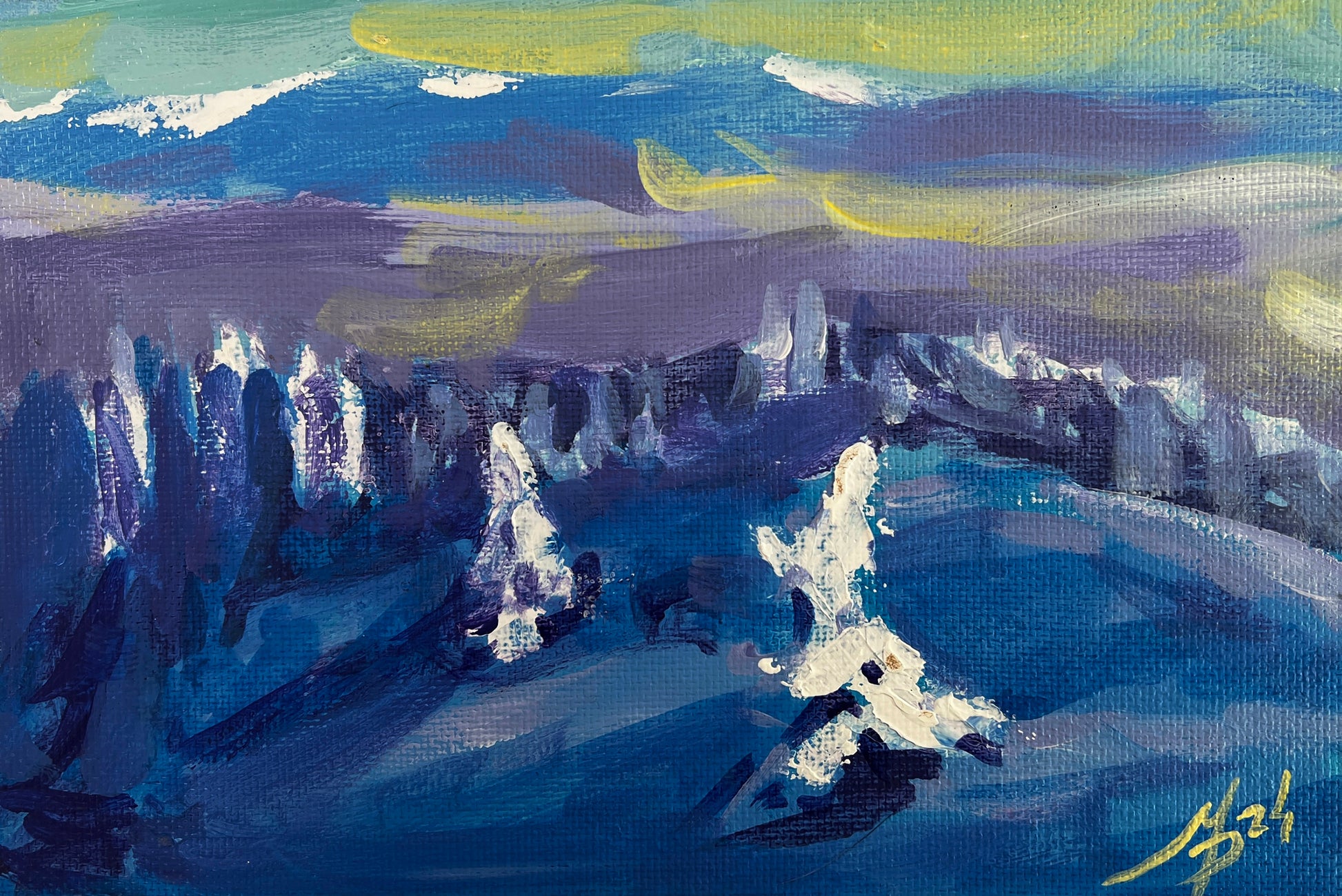 Abstract Mykhailo Patskan landscape with bold blue, purple, yellow strokes