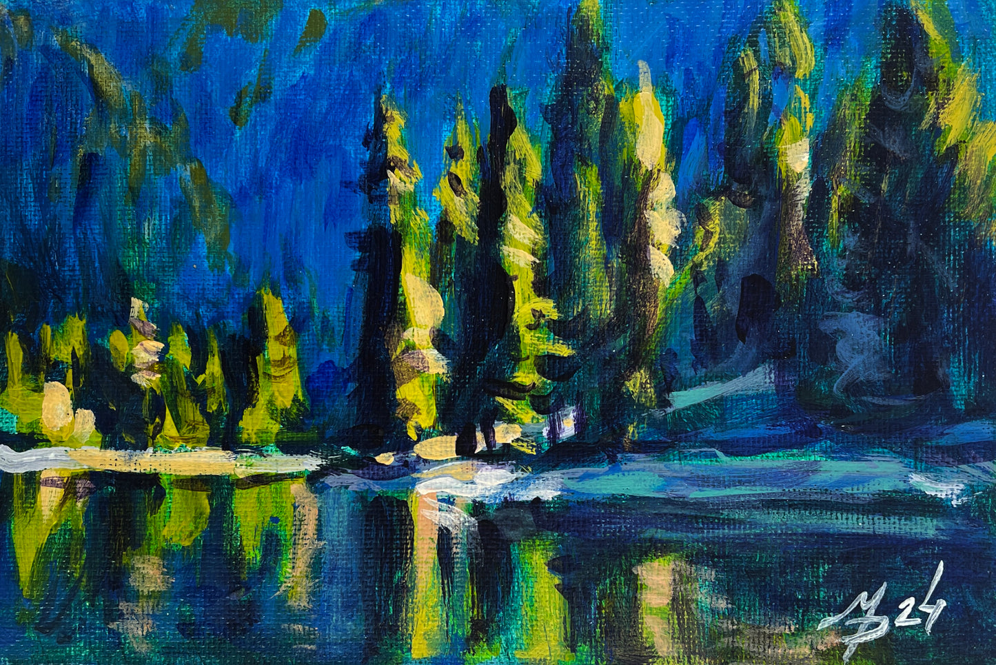 Vibrant blue green forest reflected in calm water by Mykhailo Patskan fine art