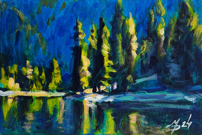 Vibrant blue green forest reflected in calm water by Mykhailo Patskan fine art