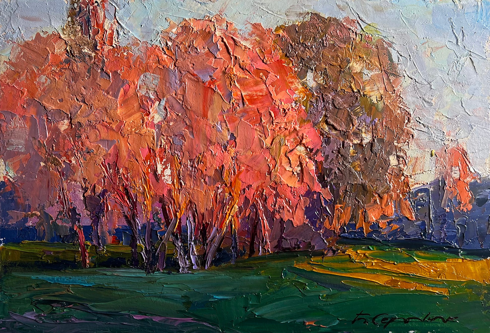 Vibrant impressionist autumn trees painting by Boris Serdyuk fine art
