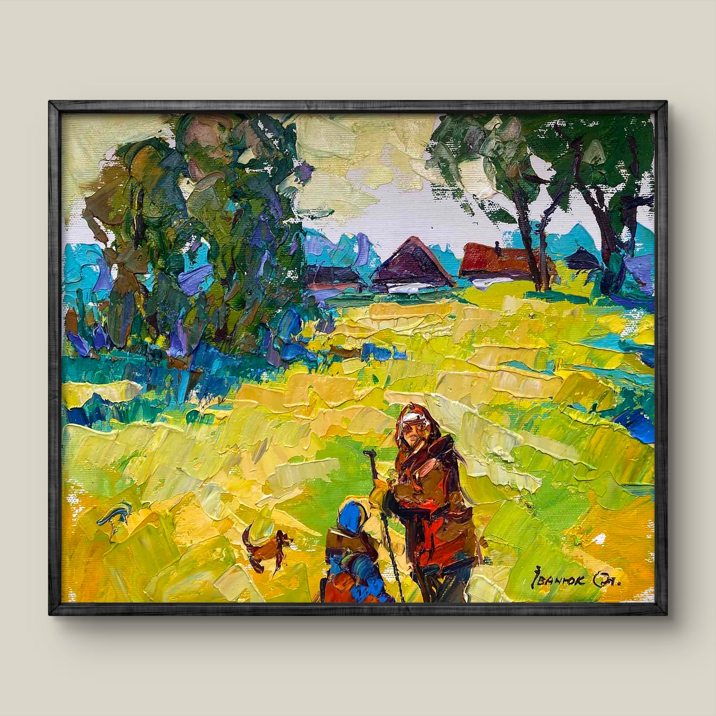 Oil painting On the Run by Alex Ivanyuk: hikers and dog in sunlit field