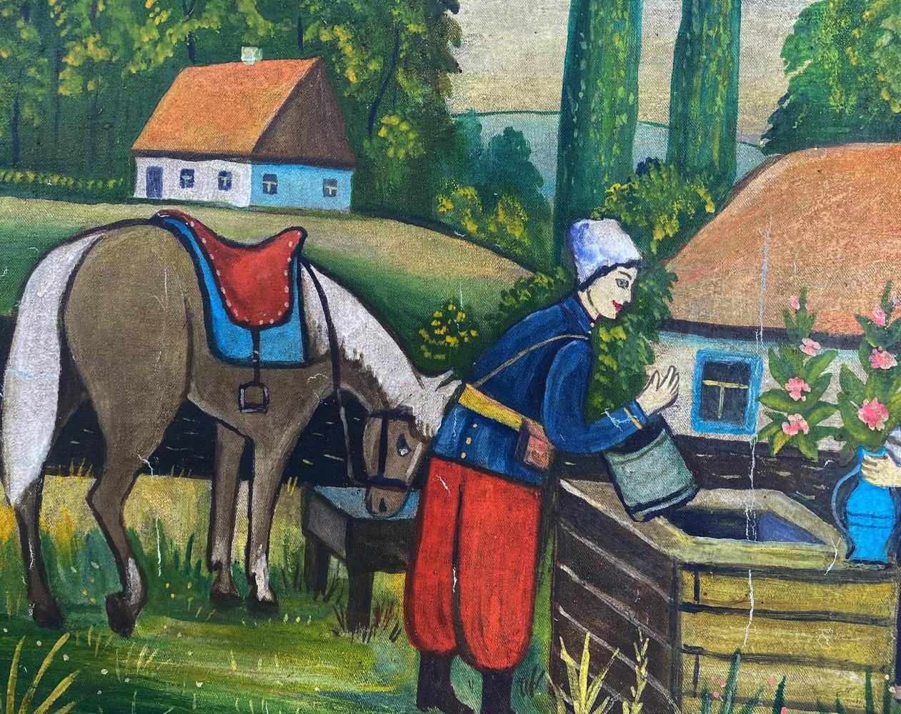 Oil painting of girl and guy by well with horse in traditional attire
