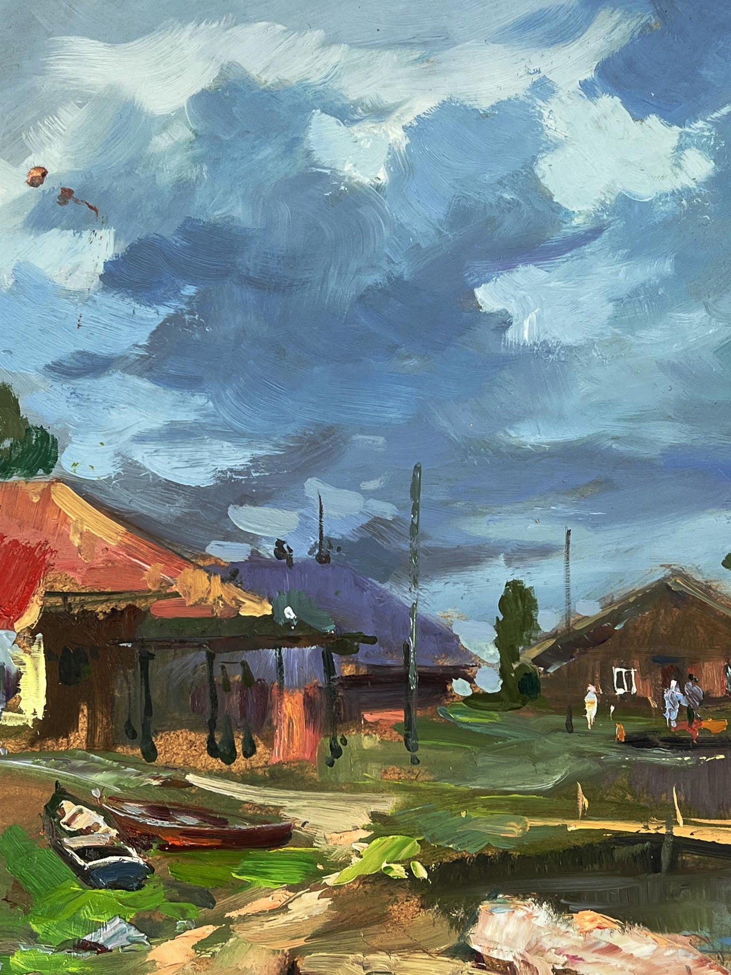 Vibrant impressionist oil painting of houses near river bank by Yuriy Suprunchuk