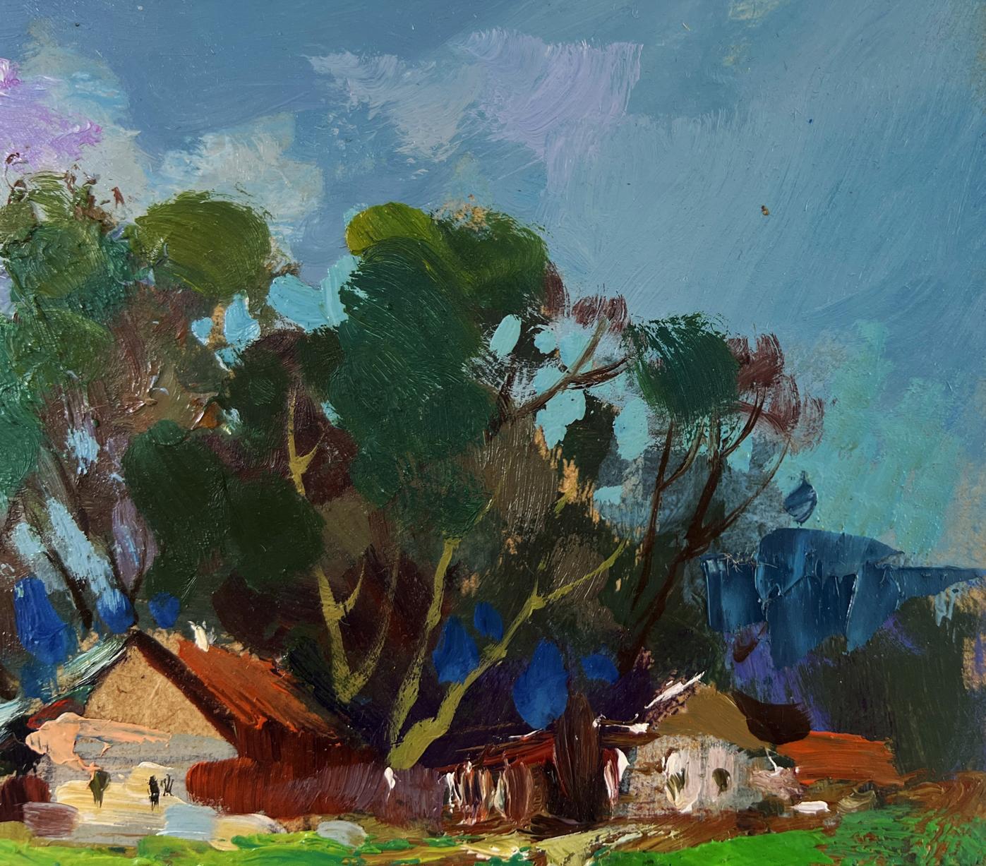 Impressionistic oil painting by Yuriy Suprunchuk: river flows past village with green trees, blue sky, red-roofed houses