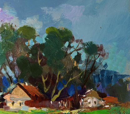 Impressionistic oil painting by Yuriy Suprunchuk: river flows past village with green trees, blue sky, red-roofed houses