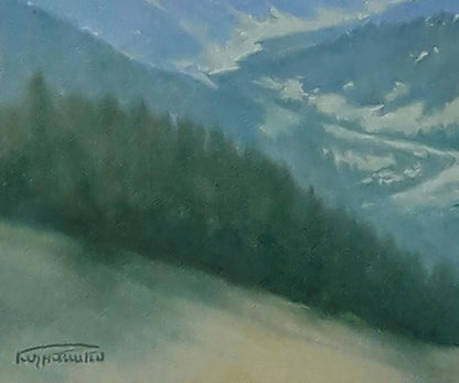 Oil painting of forested mountains by Vasily Korkishko with pine trees and peaks