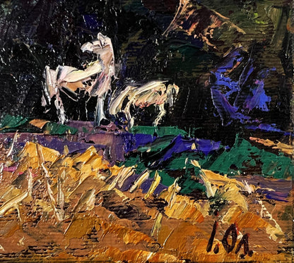 Oil painting In the dark forest by Oleksiy Ivanyuk: two white horses