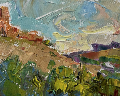 Impasto oil landscape by Oksana Ivanyuk: textured nature with old house