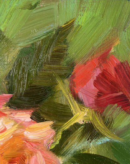 Impressionistic oil painting of vibrant summer roses in garden by Vyacheslav Pereta