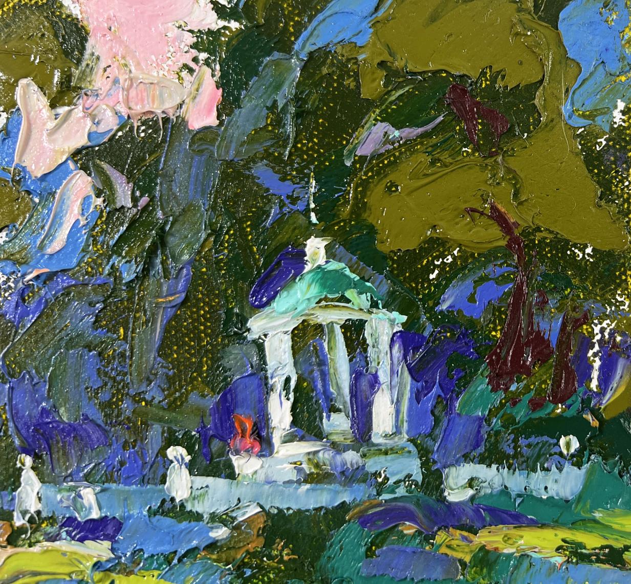 Oil painting A Walk in the Park by Oleksiy Ivanyuk with pavilion in lush foliage