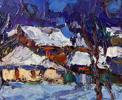 Textured impasto oil painting of snowy moonlight winter landscape by Oksana Ivanyuk