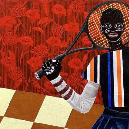 Stylized black tennis racket with orange strings in Focus on the Goal painting by Akintomide Akinshola