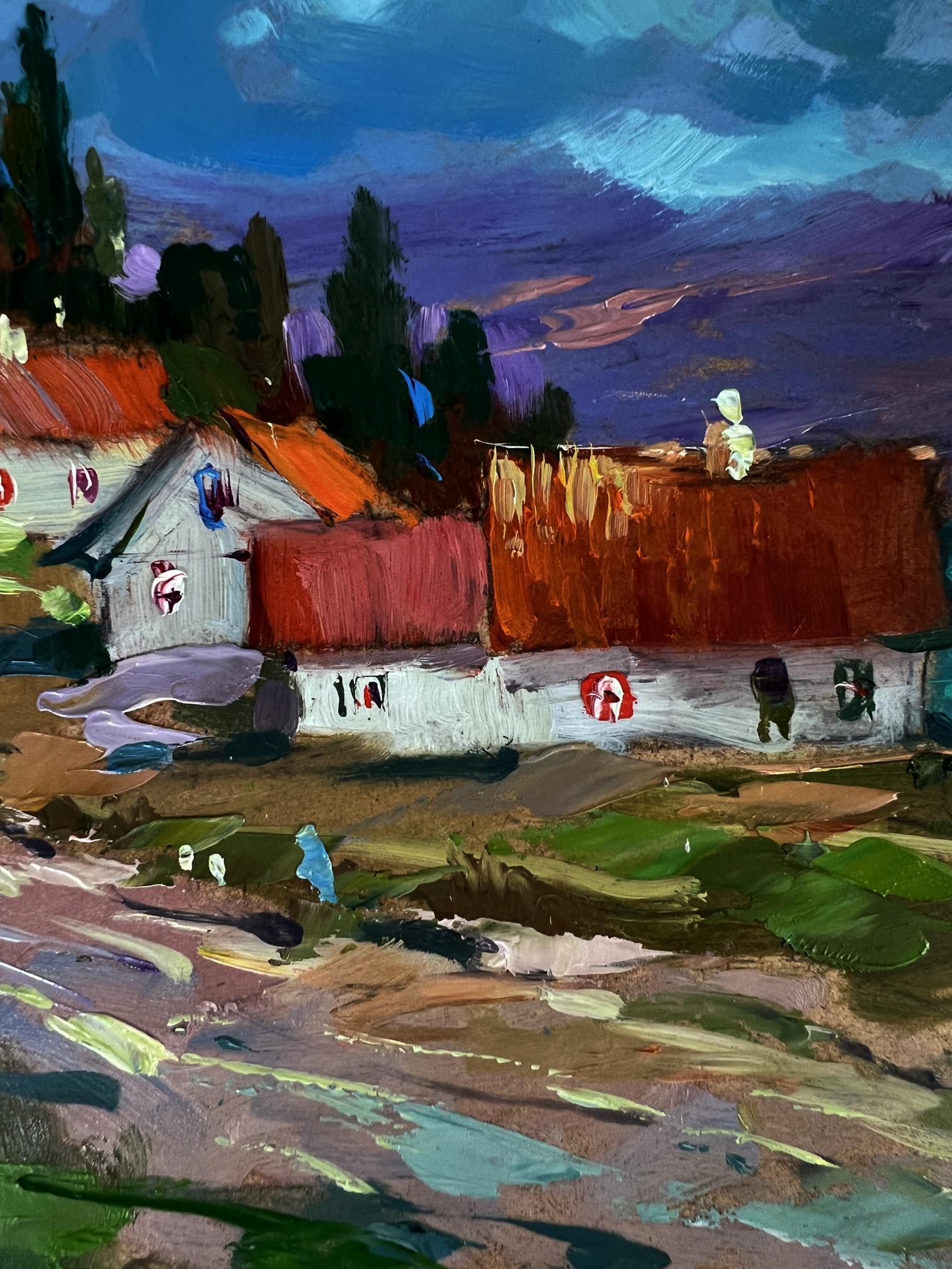 Vibrant impressionist oil painting of village road to mountains by Yuriy Suprunchuk
