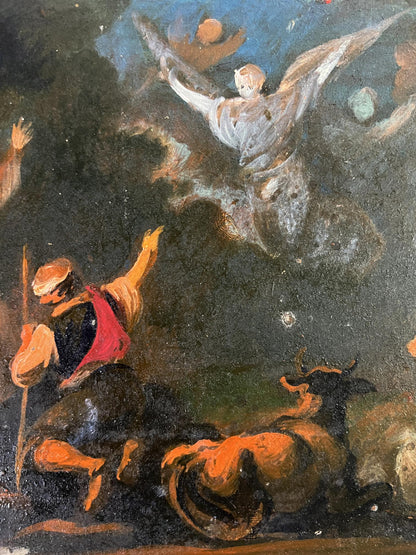 Oil painting Night sacred rite in the forest by Alexander Litvinov: winged angel descending