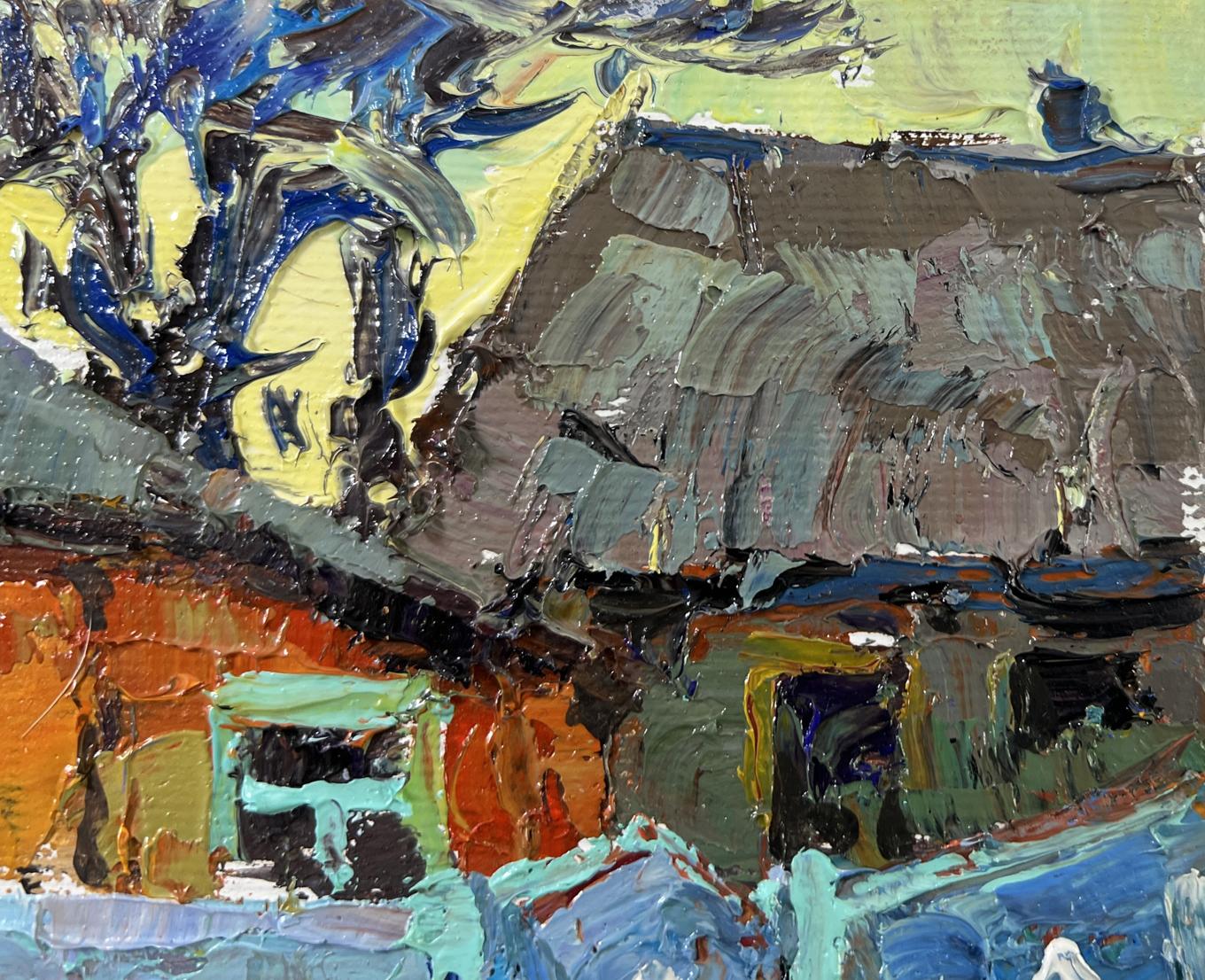 Oil painting Quiet Village Days by Oksana Ivanyuk rustic house impasto