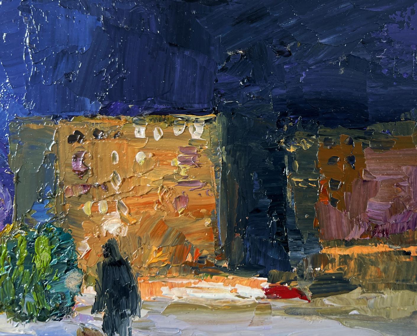 Oil painting Park before night by Boris Serdyuk, dark blue sky over warm buildings