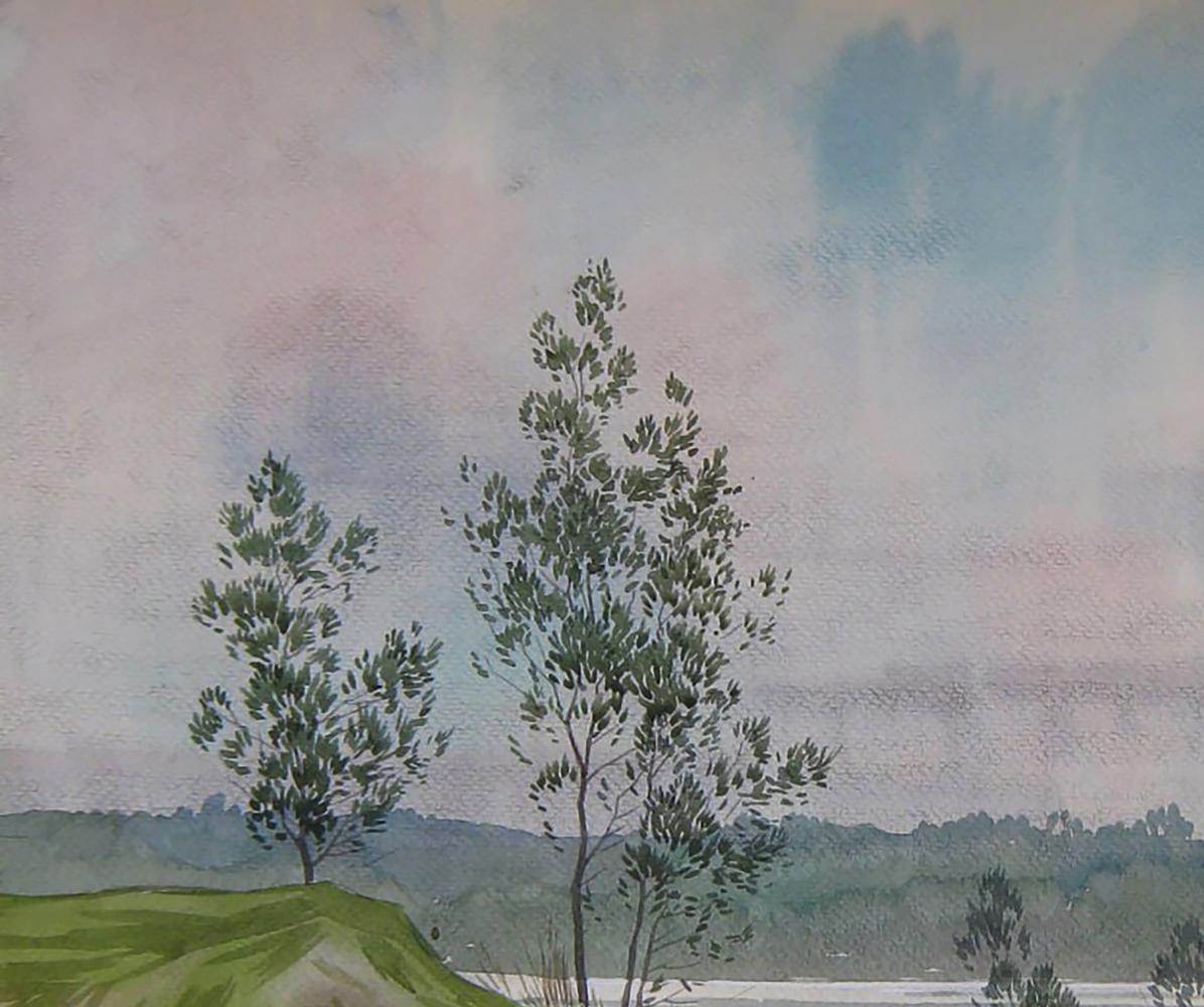 Watercolor painting of slender green trees on grassy hill by Valery Savenets