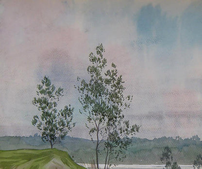 Watercolor painting of slender green trees on grassy hill by Valery Savenets