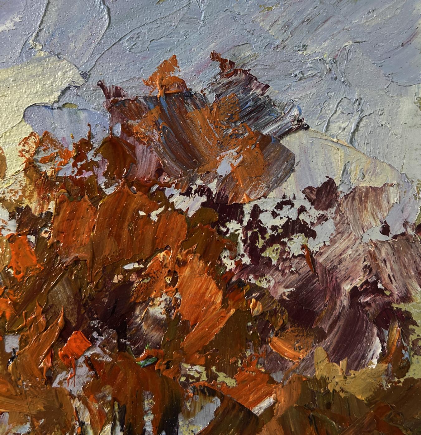 Oil painting Snowy road in forest by Boris Serdyuk, textured orange brown gray