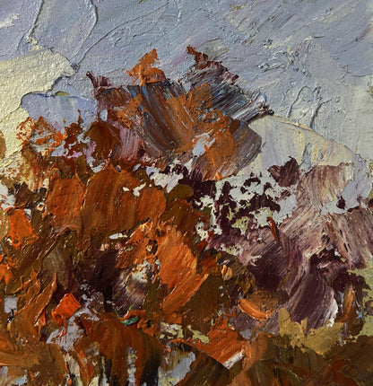 Oil painting Snowy road in forest by Boris Serdyuk, textured orange brown gray