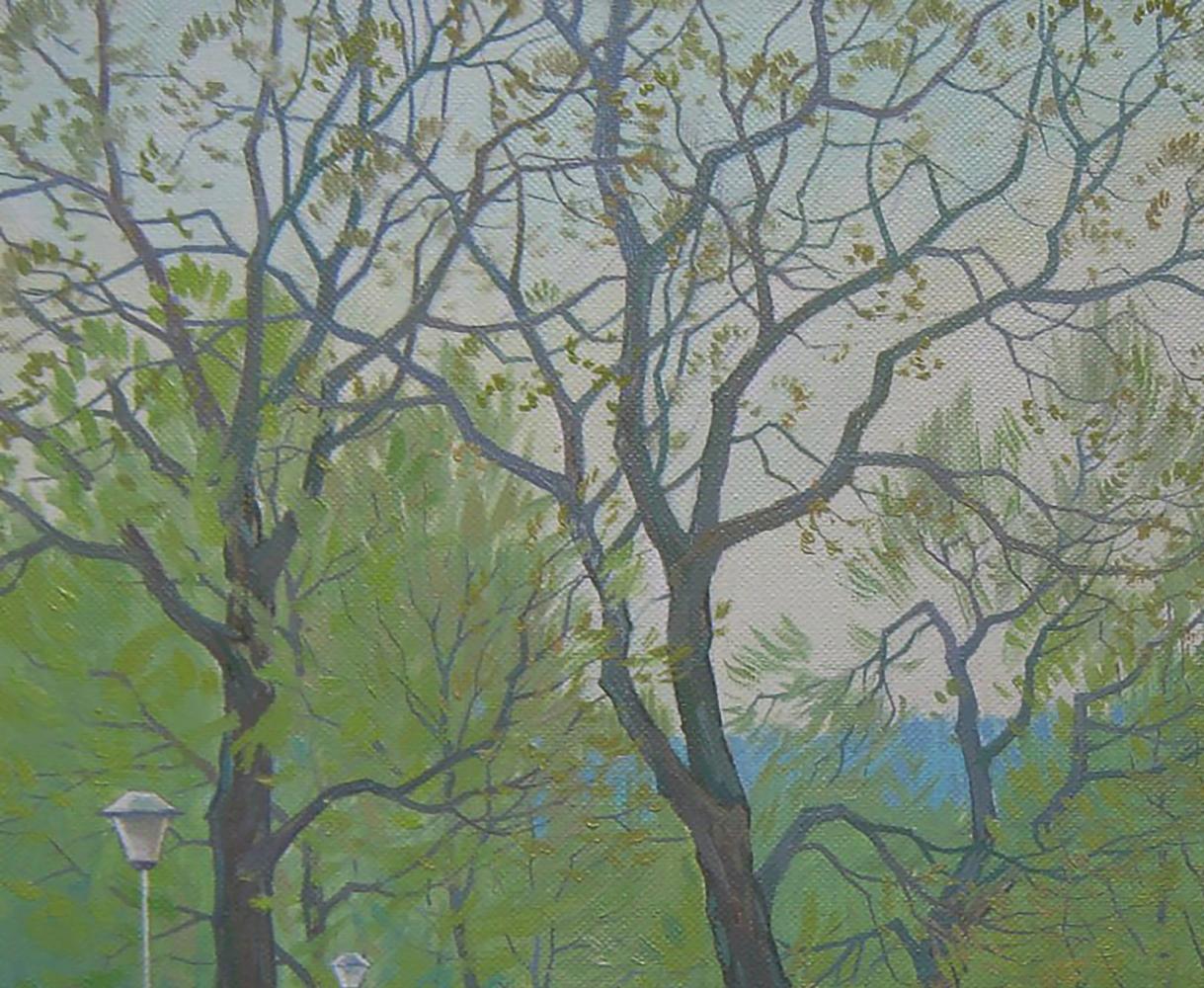 Oil painting Spring City Park by Valery Savenets, leafy trees textured foliage