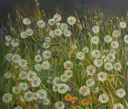 Vibrant oil painting of blooming dandelions by Leonid Pavlenko