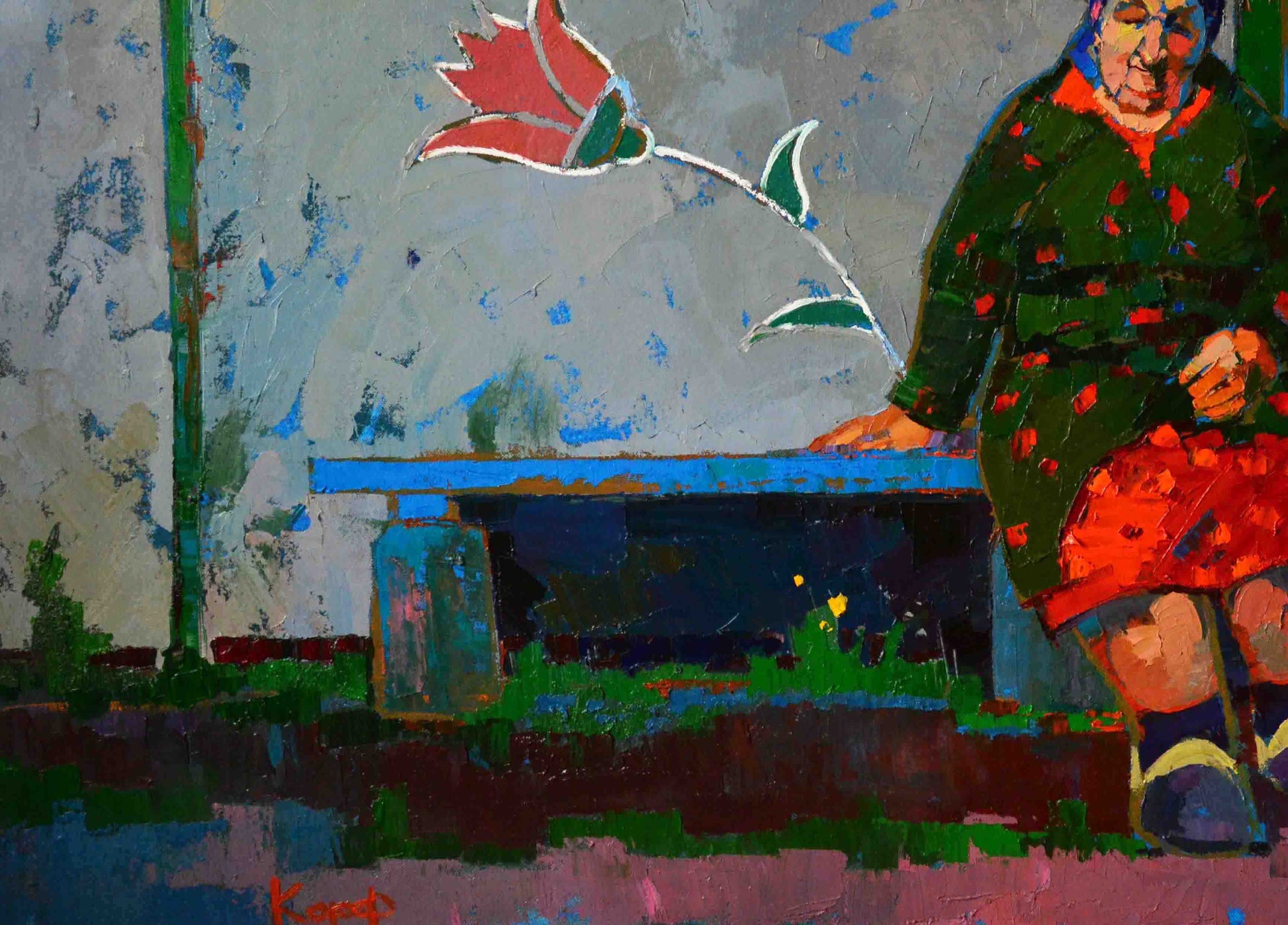 Oil painting Grandma at the Gate by Natalia Korf-Ivaniuk