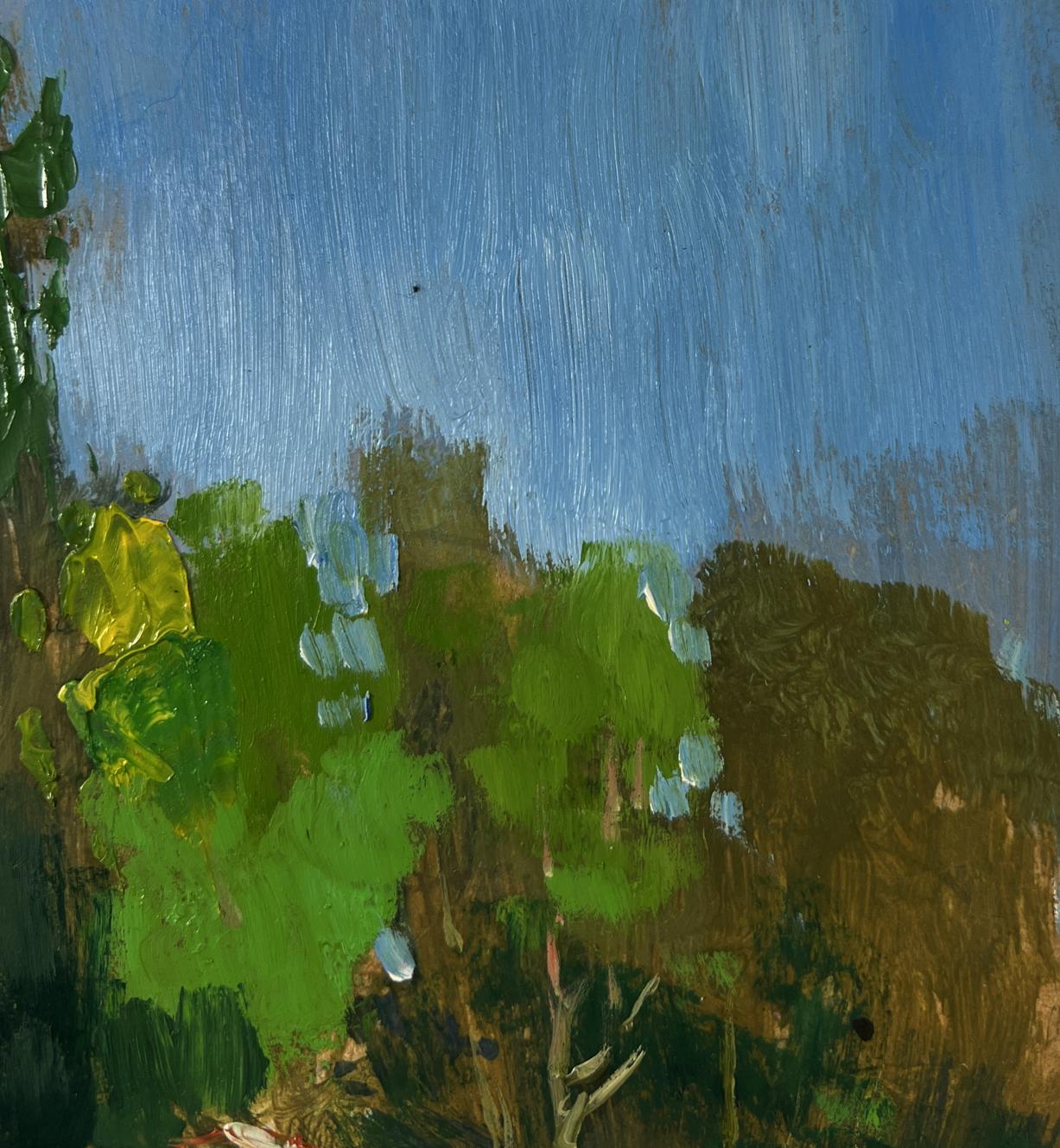 Oil painting of vibrant green forest with castle over steppe by Yuriy Suprunchuk