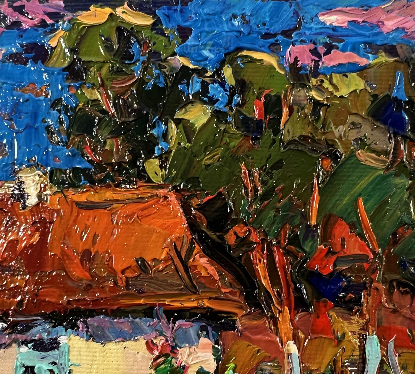 Vibrant impressionist oil painting Evening village courtyard by Oksana Ivanyuk