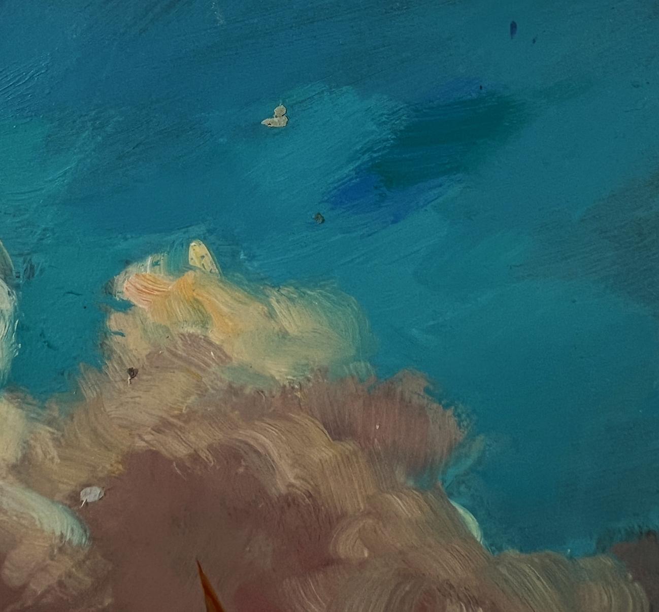 Impressionistic oil painting of figure emerging from teal sea at sunset by Yuriy Suprunchuk