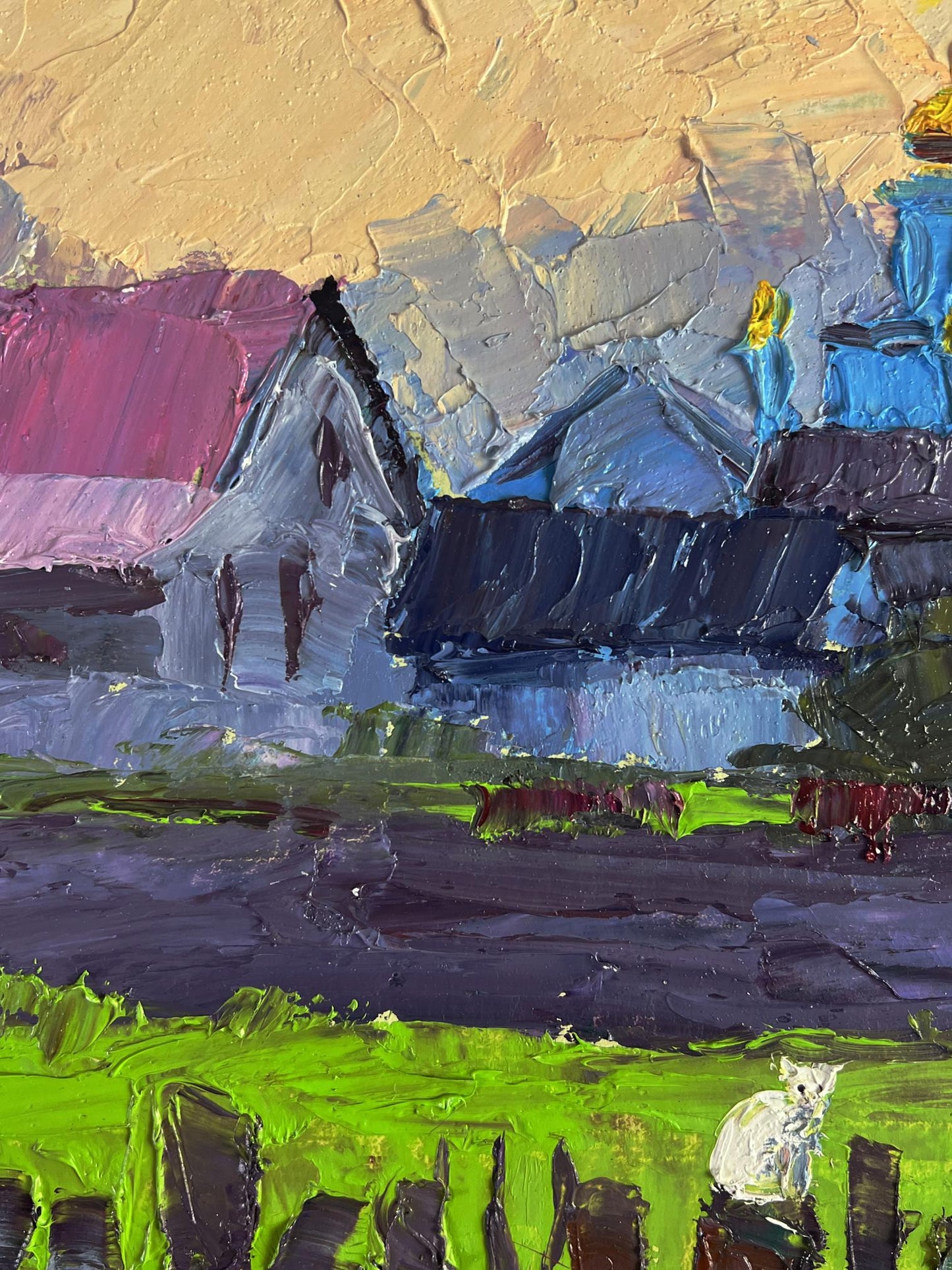 Oil painting of village with white cat by Boris Serdyuk