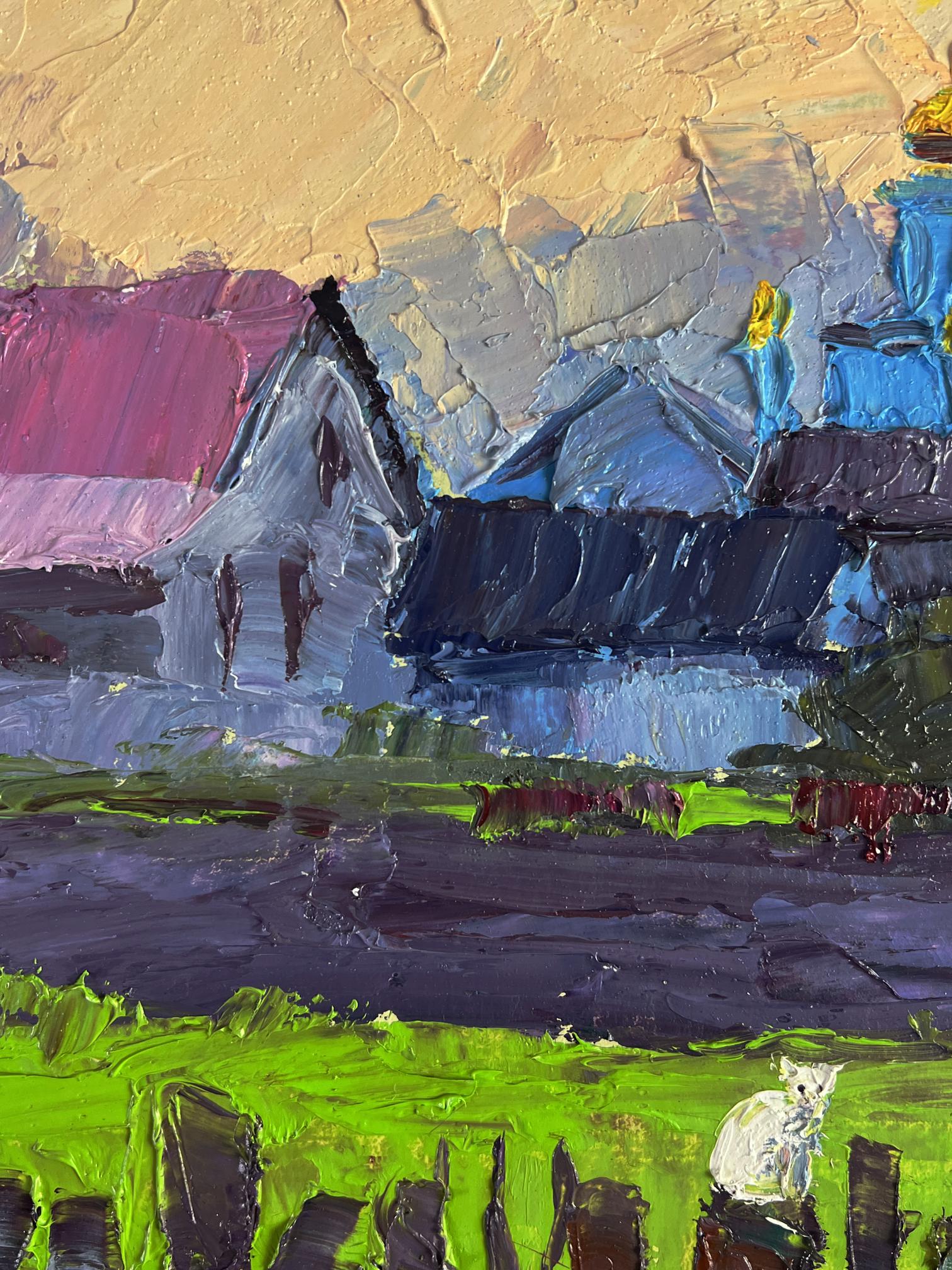 Oil painting of village with white cat by Boris Serdyuk