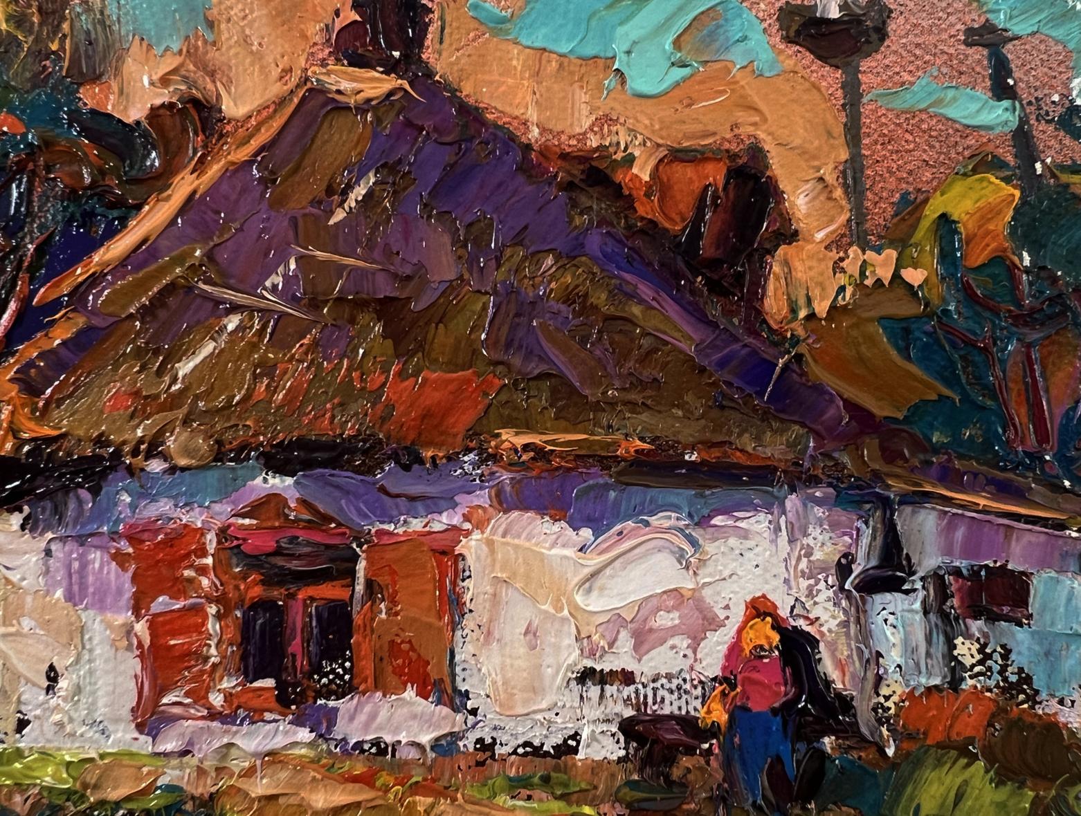 Vibrant impressionist oil painting Evening in the Yard by Oksana Ivanyuk