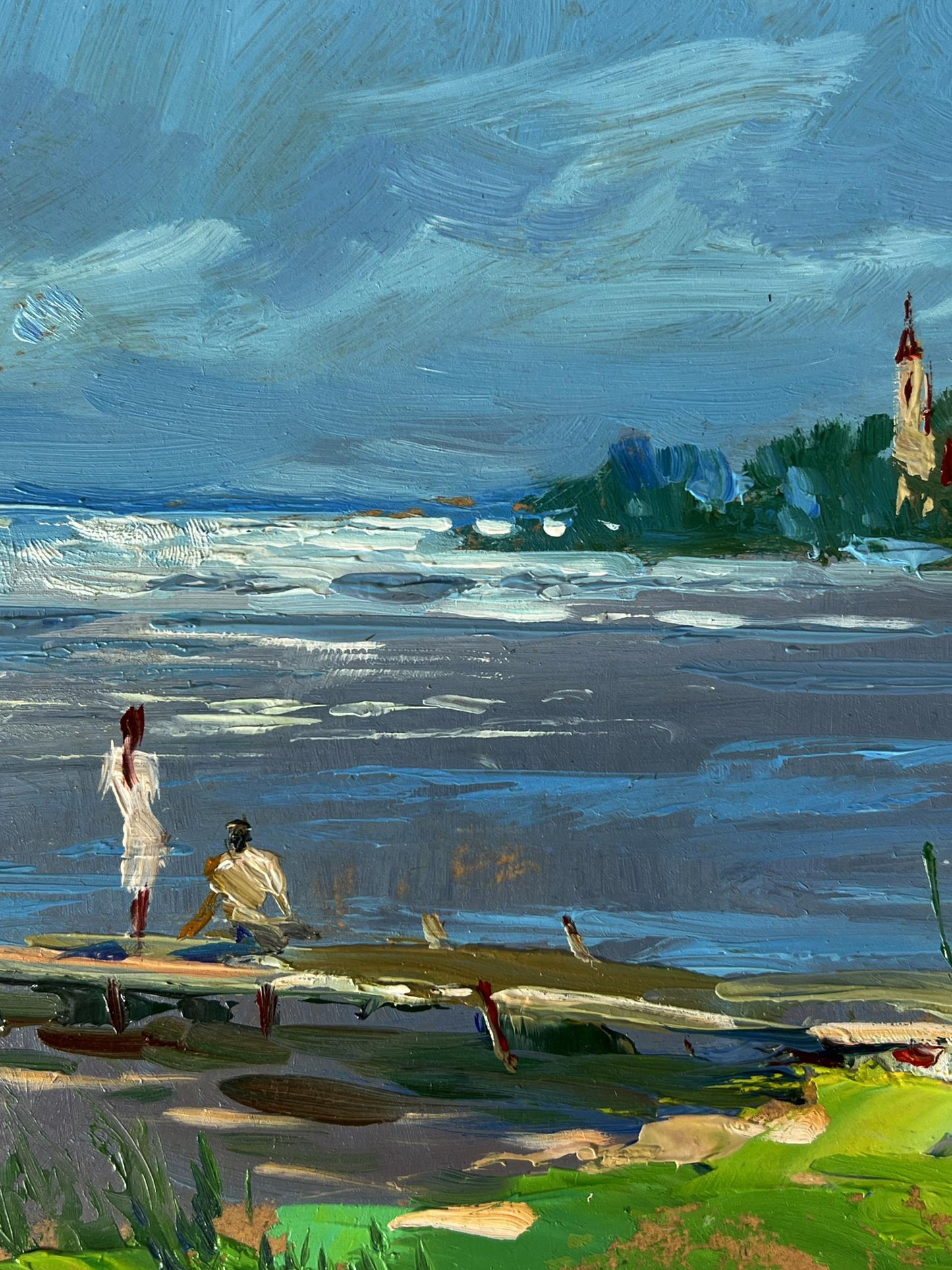 Oil painting Bridge by the River by Yuriy Suprunchuk on wooden pier
