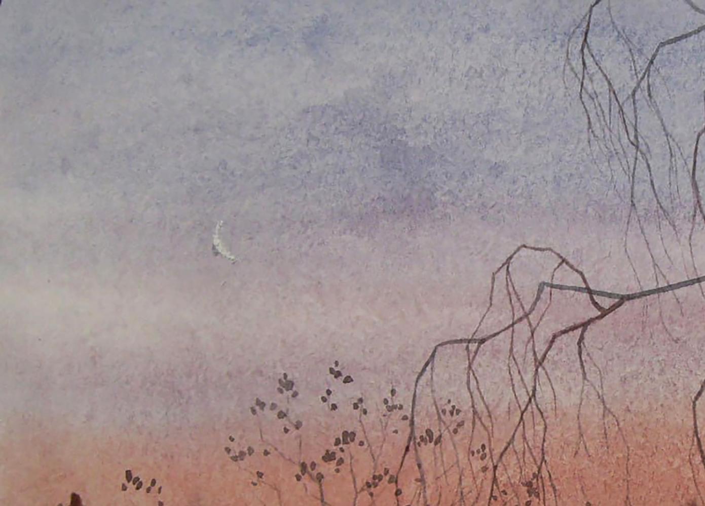 Delicate white bird flying over watercolor Evening has come to the city by Valery Savenets